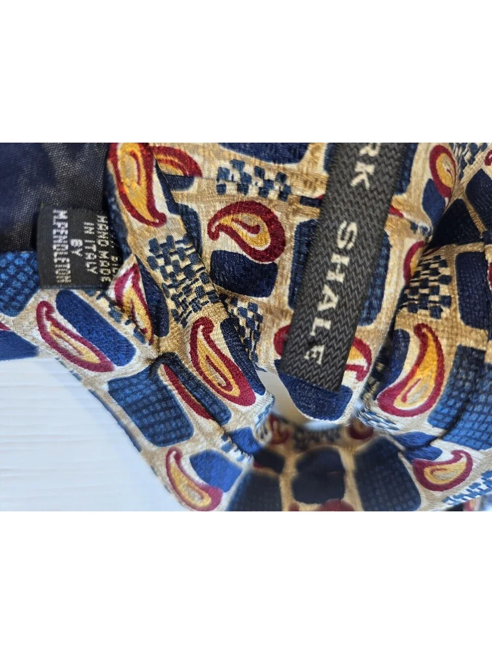 Mark Shale 100% Silk Tie Hand Made Italy 64x4 Geometric Paisley Navy Gold